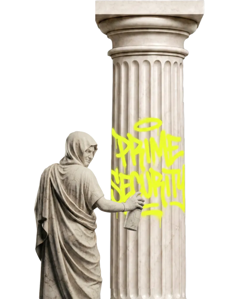 Marble statue in classical robes spray-painting yellow graffiti saying Prime Security on a marble column.