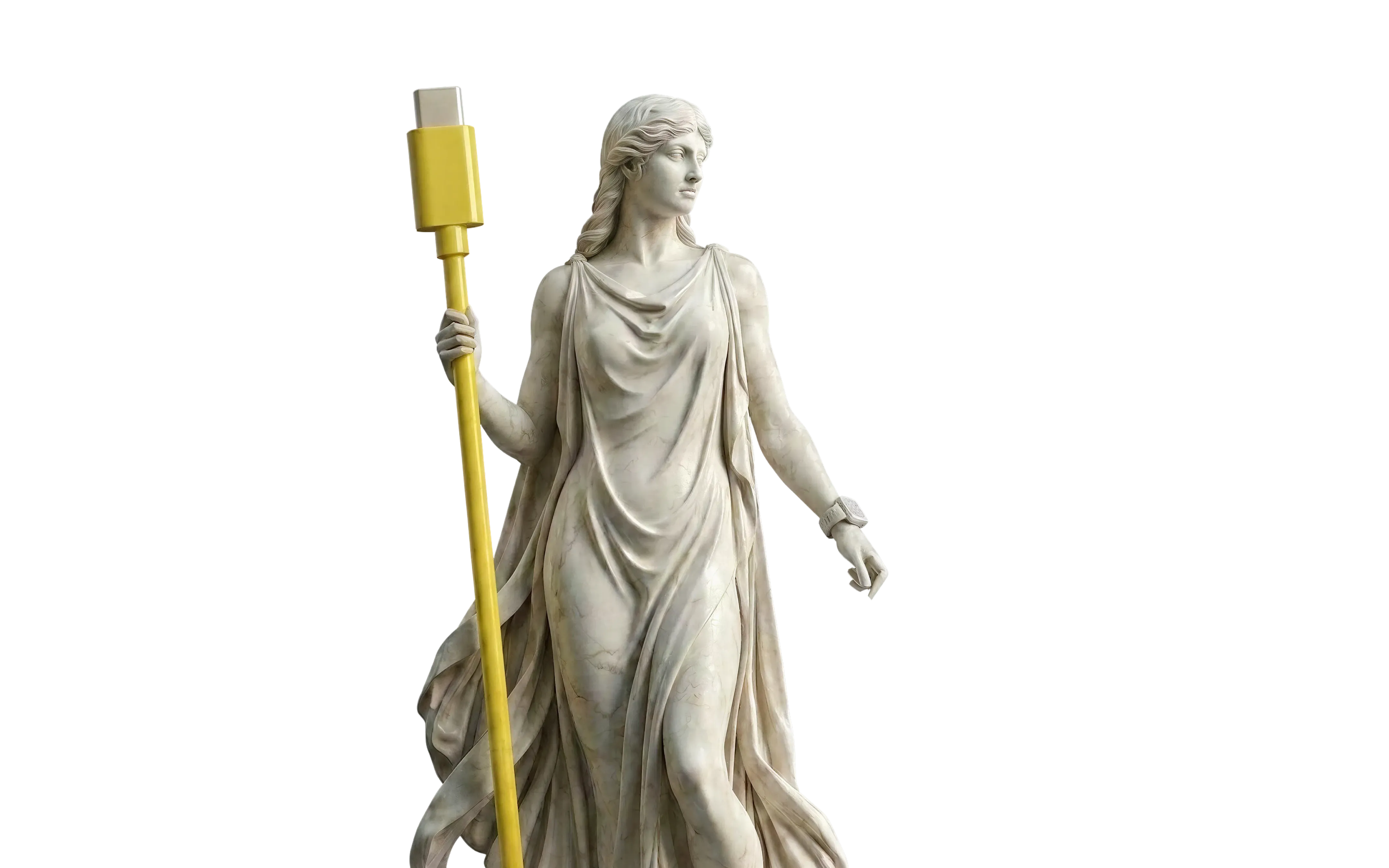 Marble statue of a woman holding a tall yellow USB-C cable like a staff.