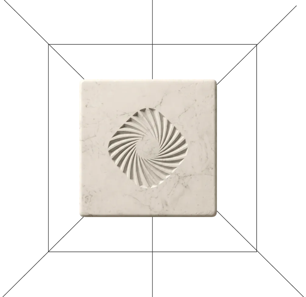 White marble square tile with a carved spiral pattern in the center.