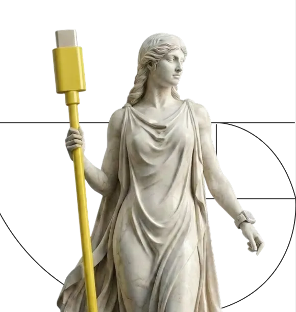 Classical marble statue of a woman holding a large yellow USB-C cable like a staff.
