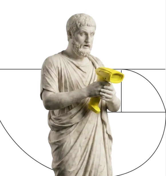 Marble statue of a bearded man holding a yellow handheld barcode scanner.