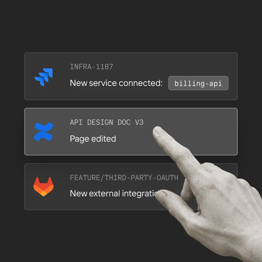 Hand pointing to a 'Page edited' notification between billing-api and external integration alerts.