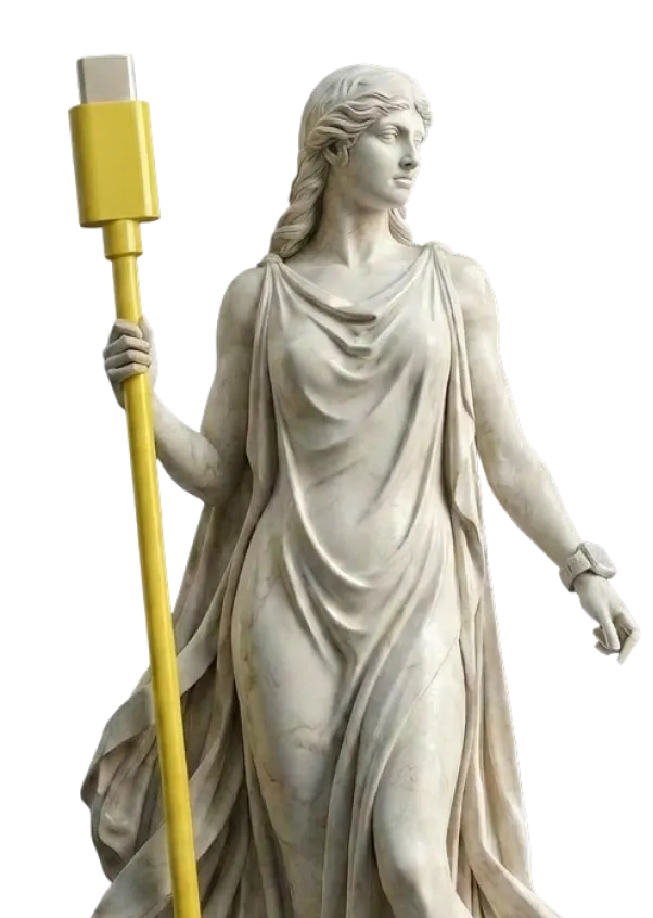 Classical statue of a woman holding a large yellow USB-C cable like a staff.