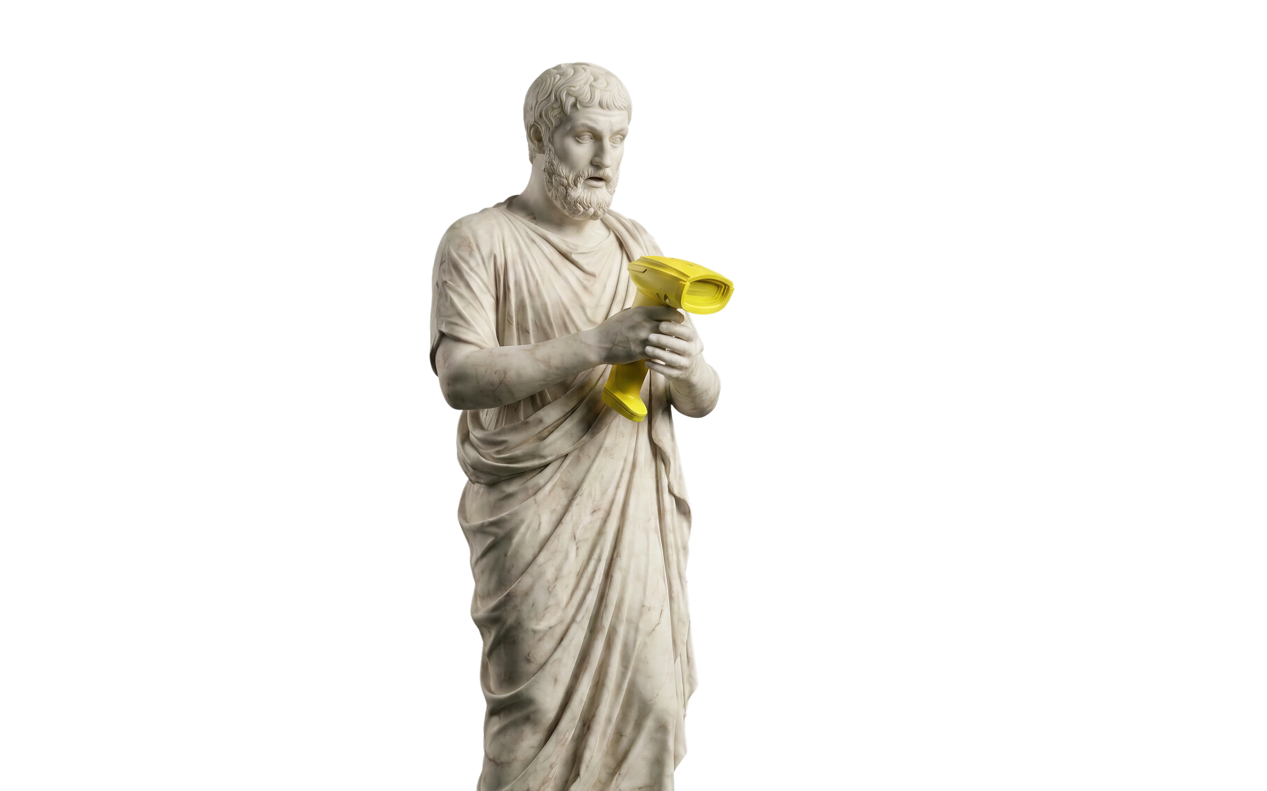 Marble statue of a bearded man holding a modern yellow barcode scanner.
