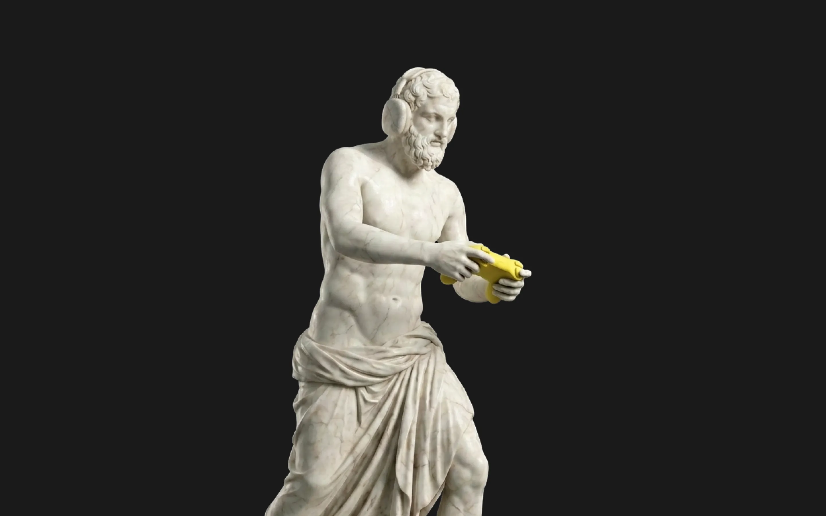 Classical marble statue wearing headphones and holding a modern yellow game controller.