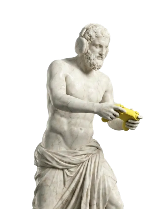 Classical marble statue wearing earmuffs and holding a yellow video game controller.