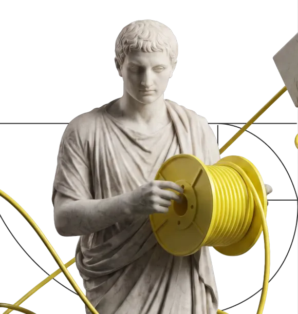 Classical statue of a man holding a large yellow cable spool with yellow cables around him.