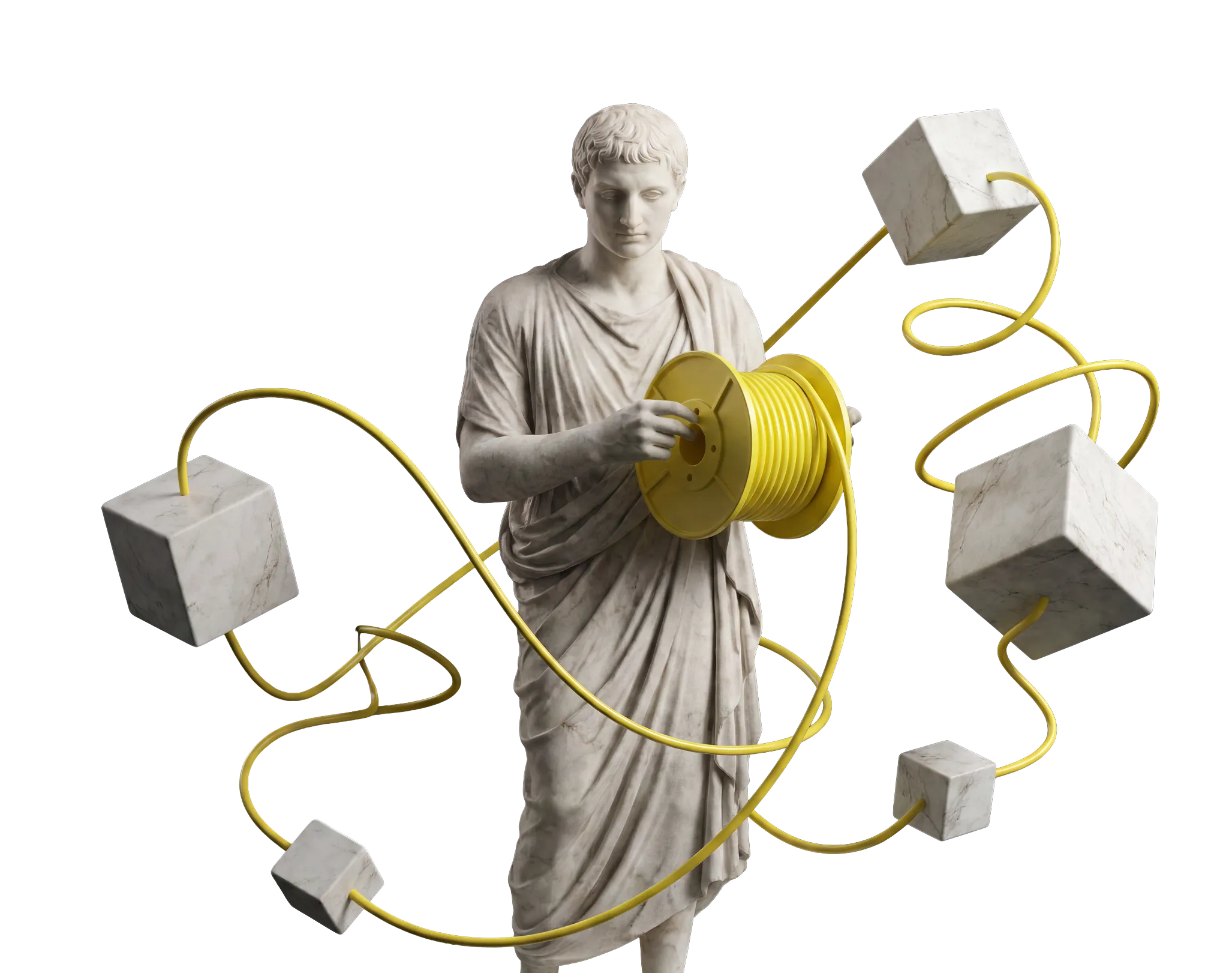 Marble statue holding a yellow cable spool with a yellow wire connecting floating marble cubes.