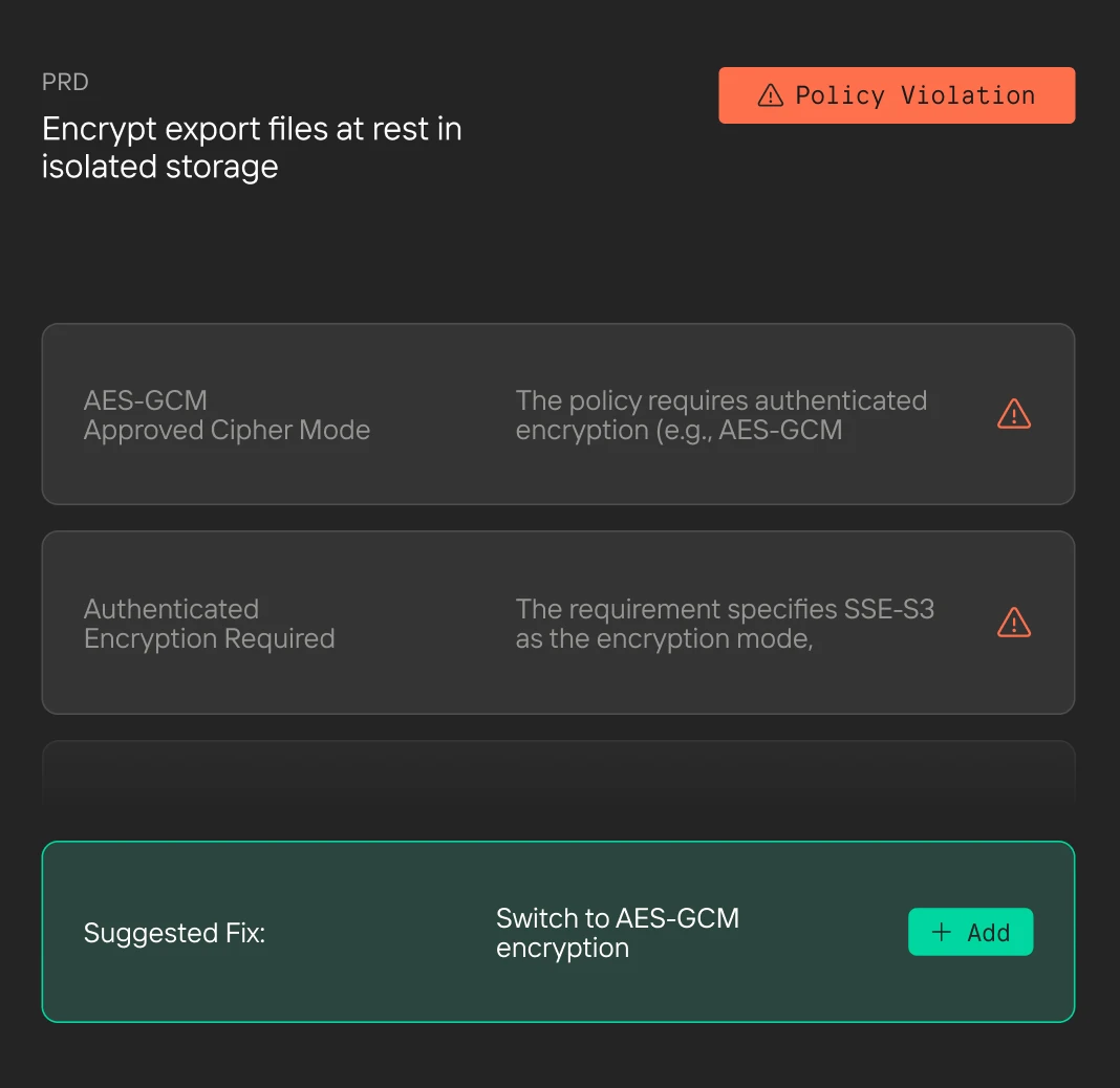 Alert showing policy violation for encrypting export files with suggested fix to switch to AES-GCM encryption.