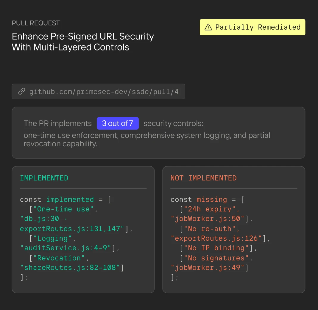 Pull request enhancing pre-signed URL security with 3 of 7 controls implemented and partially remediated status.