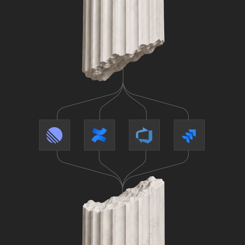 Broken classical column pieces connected by lines to four blue app icons on black background.
