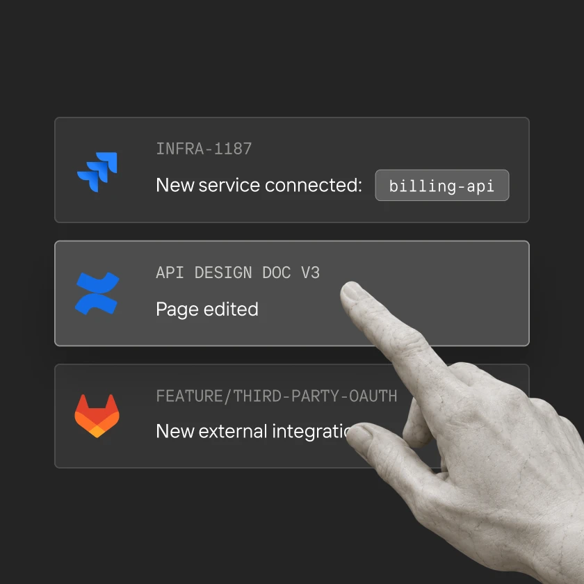 Hand pointing to a screen showing new service billing-api, page edited, and new external integration notifications.