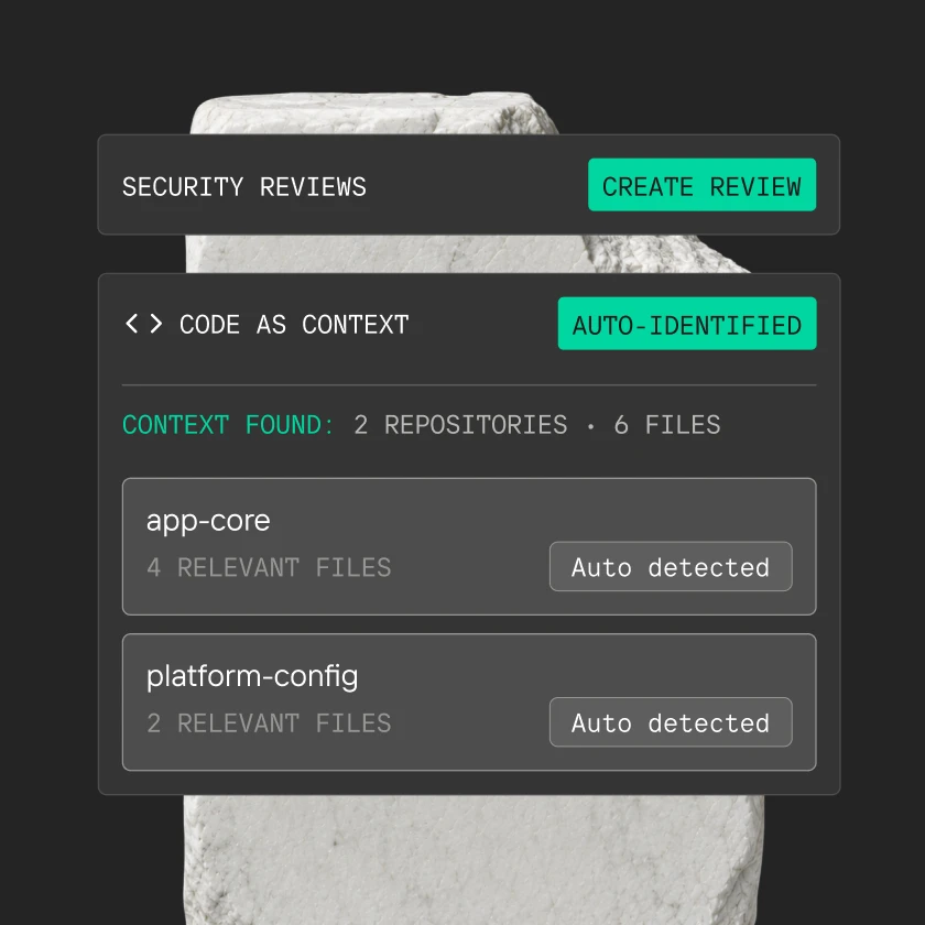 UI showing security reviews with options to create review and auto-identified code context from two repositories.