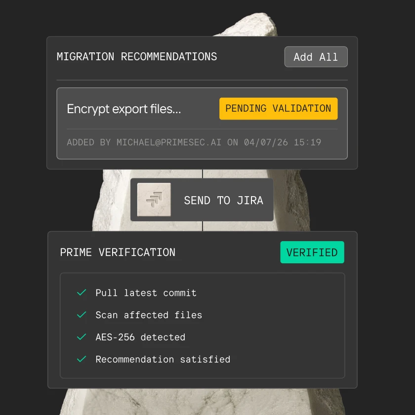 UI showing migration recommendations with encrypt export files pending validation and prime verification marked verified.