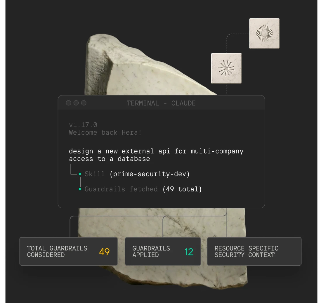 Terminal window showing API design for multi-company access with 49 guardrails considered, 12 applied.