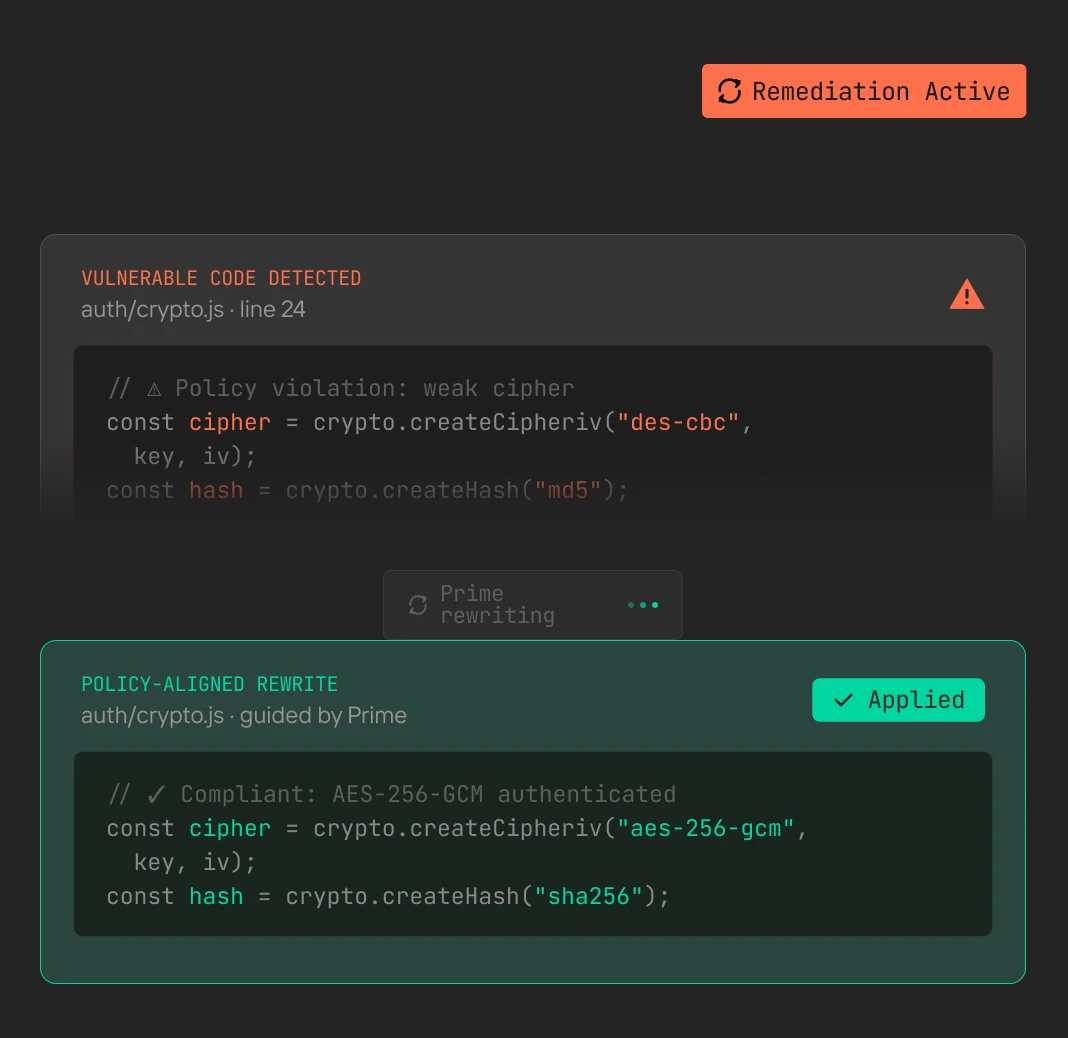 Code showing remediation of weak cipher and hash to AES-256-GCM and sha256 with active remediation status.
