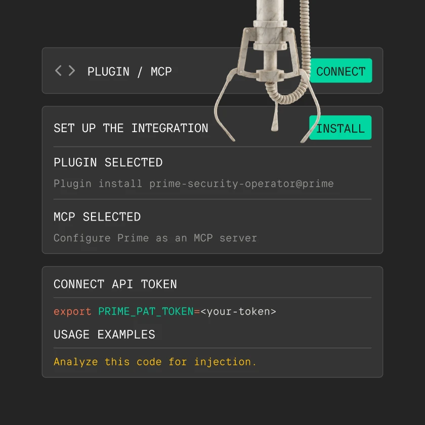 A claw machine arm above a dark interface showing Plugin/MCP setup options with connect and install buttons.