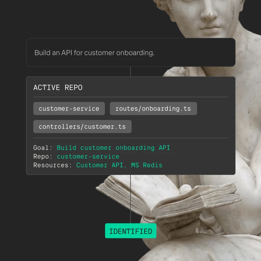 Code snippet shows building a customer onboarding API with related files and resources in a dark interface overlay.