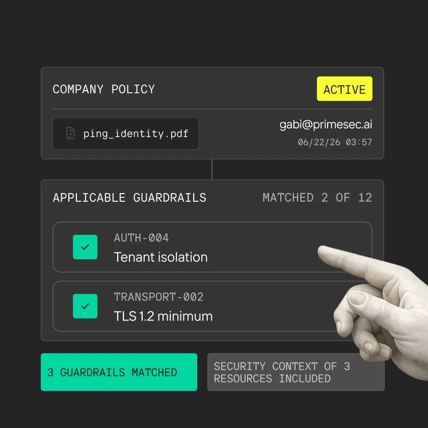 Interface showing company policy ping_identity.pdf active, 2 of 12 guardrails matched including tenant isolation and TLS 1.2.