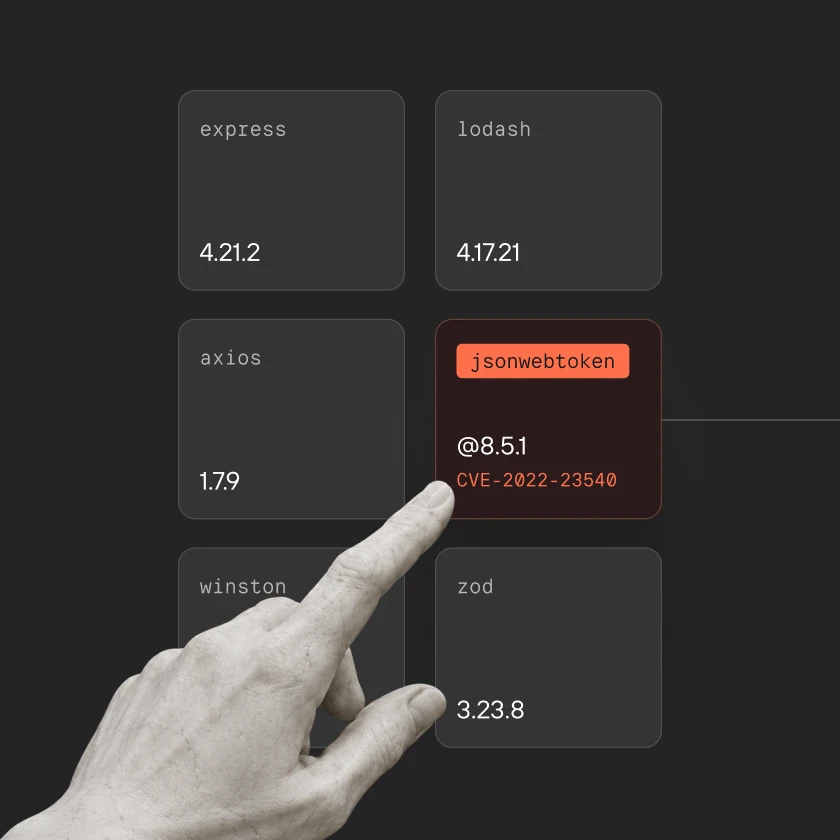 Hand pointing to jsonwebtoken v8.5.1 with vulnerability CVE-2022-23540 among other software versions.
