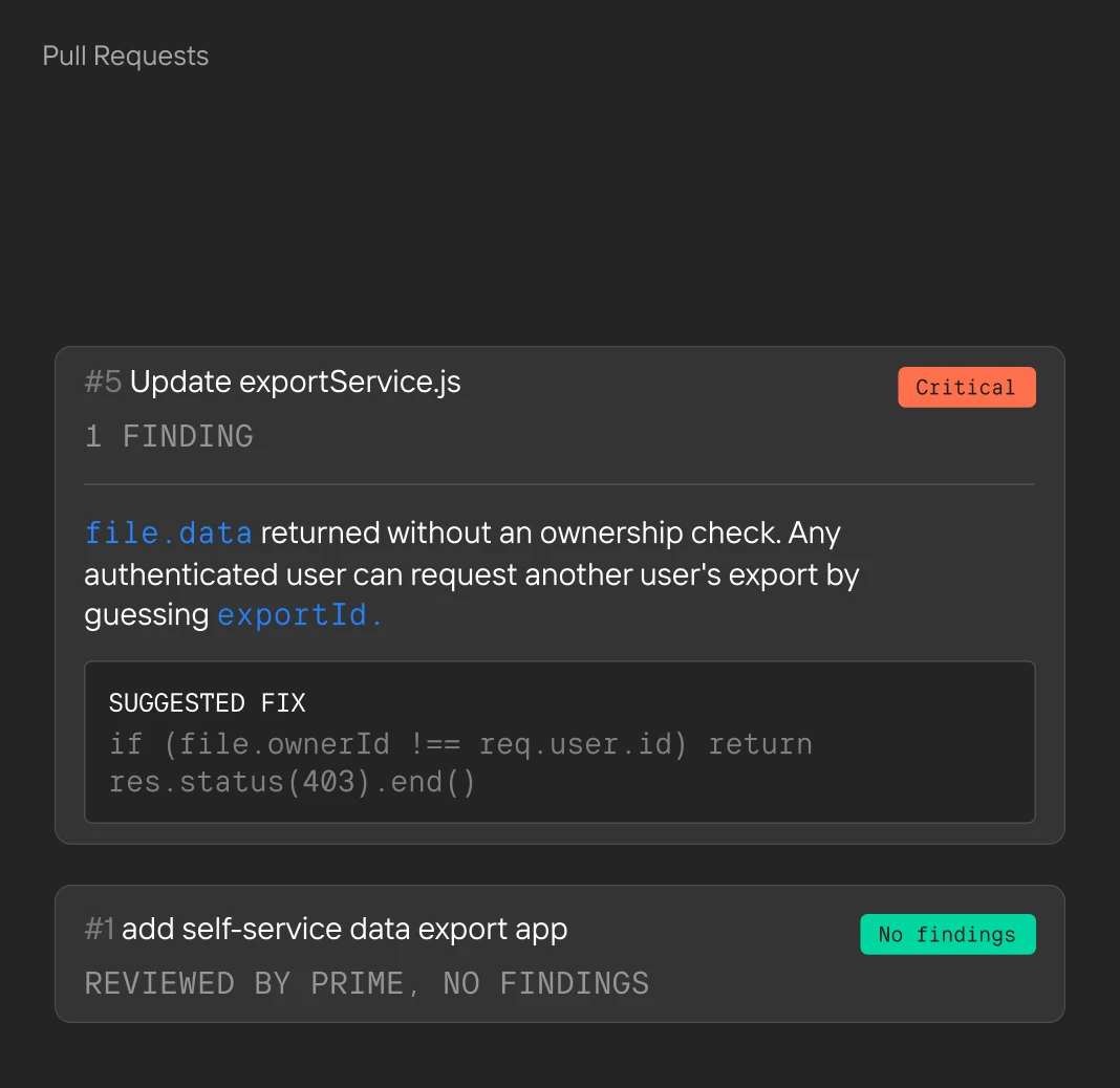 Code review showing a critical pull request fix for access check and a no findings status on self-service app.