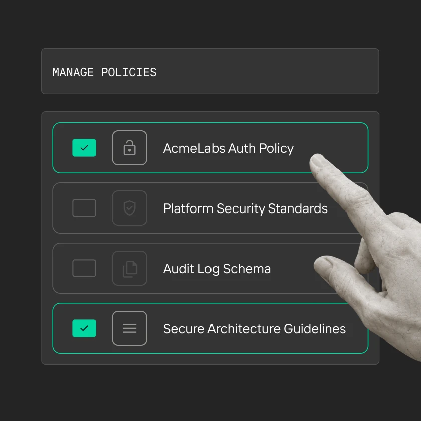 Hand pointing at 'AcmeLabs Auth Policy' in a dark-themed manage policies interface with options for security standards.