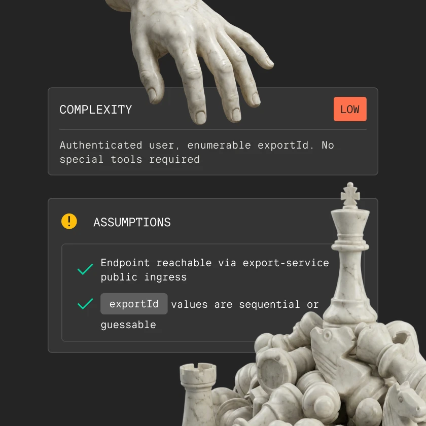 Marble hand above a low complexity note and assumptions with chess pieces at the bottom right.