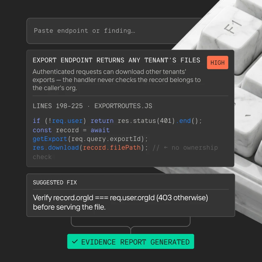 Code snippet showing a high severity export endpoint bug and suggested fix to verify orgId before file access.